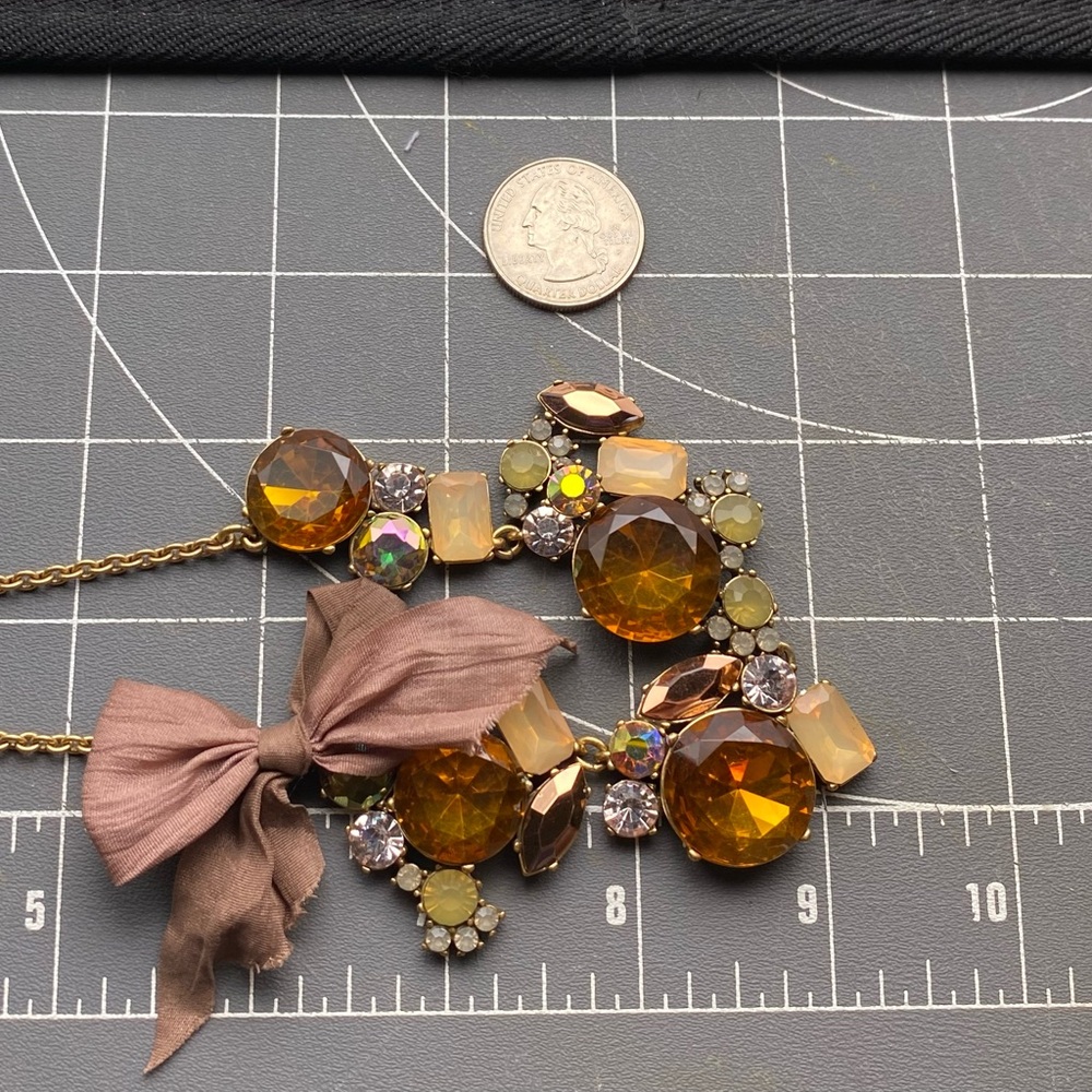 J. Crew Amber & Clear Crystal Cluster Necklace With Brown Bow Accent - Picture 11 of 12